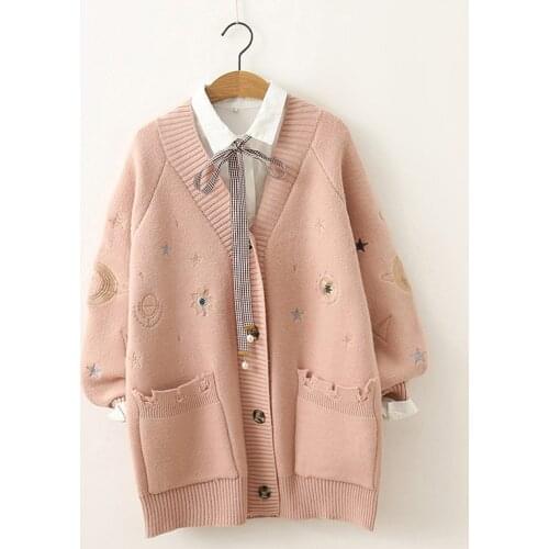 Women Winter Sweater Knitting Cardigans V neck Stars Moon Embroidery Long Sweater Jacket Pink Christmas Cardigans