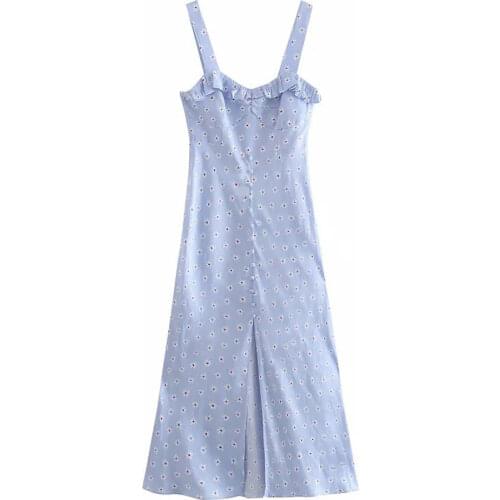 Za 2021 Blue Floral Long Dress Women Strap Ruffle Summer Flower Midi Dresses Sleeveless Slit Backless Buttons decorative vestido