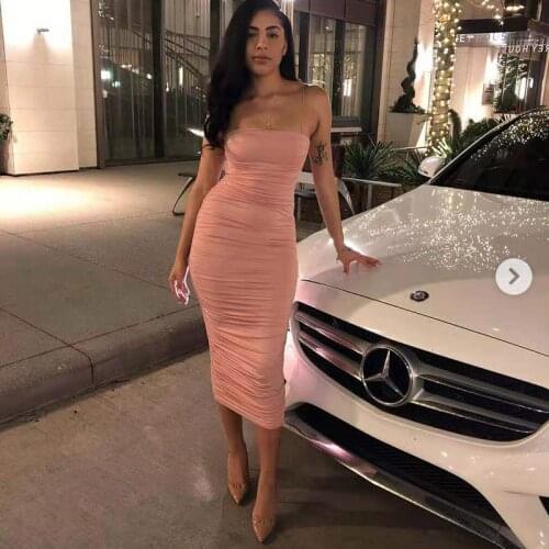 Pink Wine Red Solid Spaghetti Strap Sleeveless Mid Calf Sexy Bodycon Celebrity Women Dress Evening Party Dress