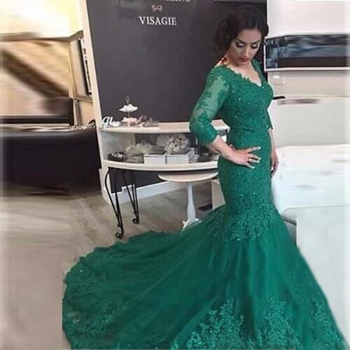 Newest V-Neck Tulle Appliques Mermaid Prom Dresses 3/4 Sleeves Green Plus Size Evening Dress With Crystals vestido festa