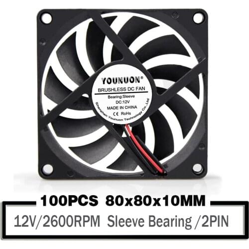 100Pcs YOUNUON 8cm 80mm 8010 80x80x10mm 12V 2Pin Cooler Cooling Fan
