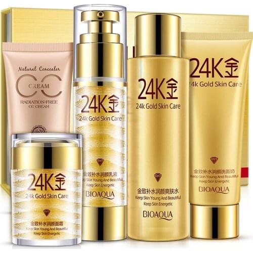 5PCS/Set 24K Gold Whitening Cream Skin Set Moisturizing Essence Lotion Toner Cleanser CC cream Face Lift Firming Cream Face Care