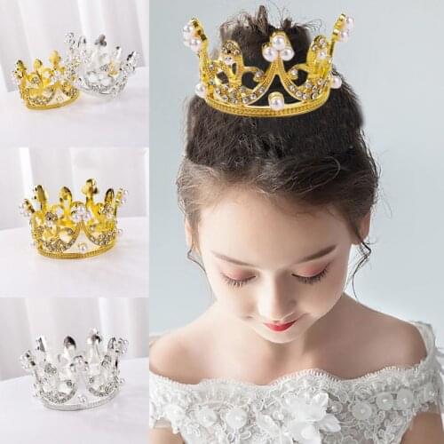 Free shipping Mini Round Crown Rhinestone Pearl Tiara Cake Topper Children Hair Accessories