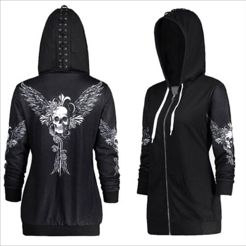 Black Punk Skull Wings Skeleton Grunge Oversize Women Winter Sweatshirt Kawaii Cartoons Hoodies Top Hoody Winter Womens Hoodies