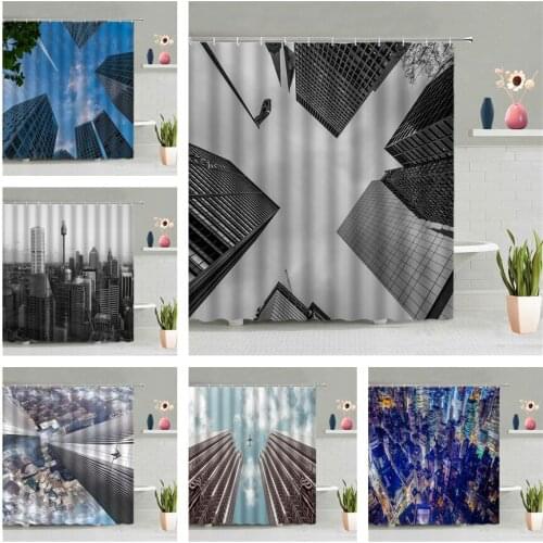 City High Floor Shower Curtain Modern Black White Architecture Scenic 3D Printed Bathroom Hanging Curtains Screen Home Decor Set
