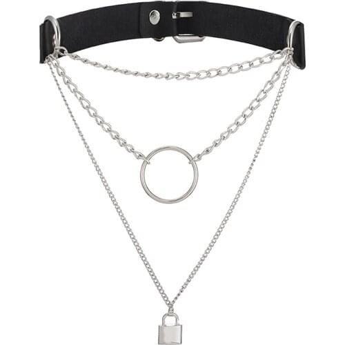Gothic Lock Chain necklace multilayer women black leather emo Kawaii witch rave jewelryPunk choker collar goth pendant necklace