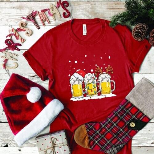 Wineglass Printed Cotton Short-sleeved Womens T-shirt Casual Soft Female Romantic sweet T shirt Women Top Christmas Clothes