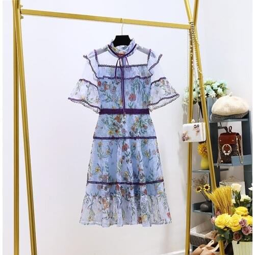 JSXDHK Designer Runway Women Flower Print Dress 2020 New Summer Mesh Ruffles Patchwork Lace Dresses Fashion Stand Collar Dress