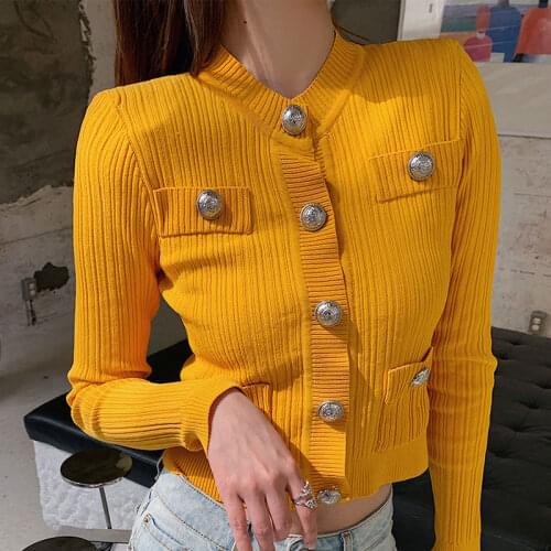 Ribbed Slim O Neck Button Single Breasted Women Cardigan Solid Long Sleeve Pockets Female Outwear Sweaters Autumn Lady Knitwear