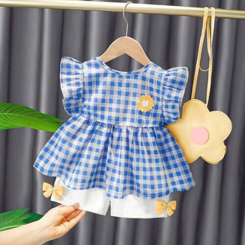 Girls' fashion suit summer childrens baby girl Cotton Short Sleeve Plaid Korean shorts 2-piece set