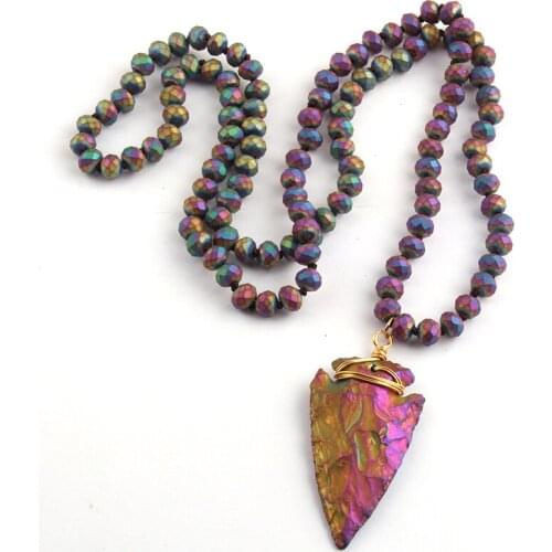 Fashion Frosted Crystal knotted 5X8 Glass Crystal and Natural Stone Arrowhead Pendant Necklaces Women Lariat Necklaces