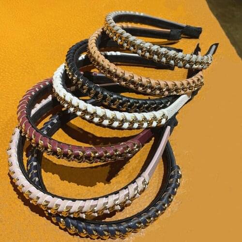 Fashion Thick Metal Chain PU Leather Braided Hairbands Quality Weaving Hairbands Punk Style Turban Headwrap Bezel For Women