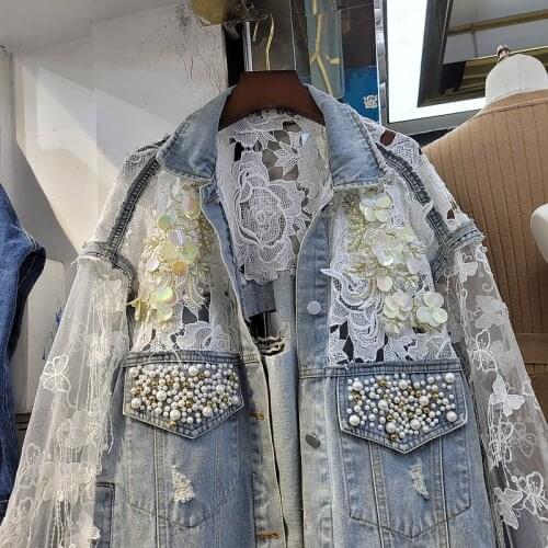 Trendy Heavy Industry Beaded Denim Jackets Ladies Lace Stitching Decoration Fashion Jeans Jacket Coats Women