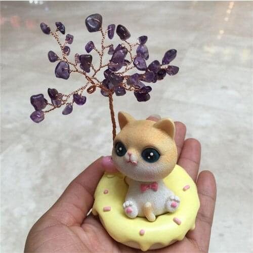 Natural Purple Quartz Crystal Lucky Tree Cat Point Healing Decoration