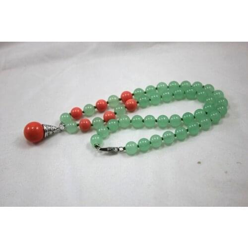 Newly design wholesale/retail 8mm light green jades mixed red coral necklace +14 mm 18kgp red coral pearl pendant