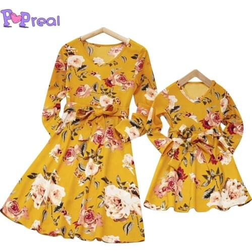 PopReal Parent-Child Outfit Fashion Flower Print V-Neck Mom And Daughter Skirt Mini Mother Dress Family Matching Outfits