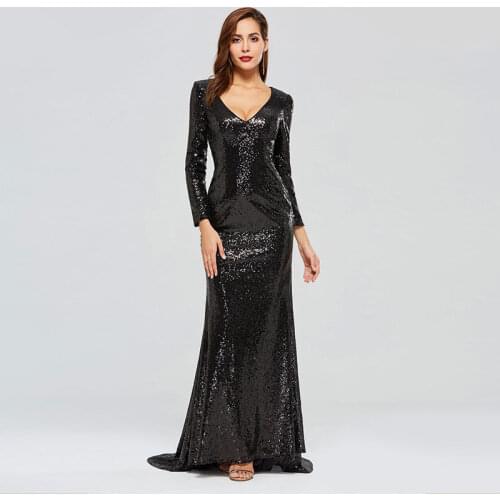 Tanpell v neck evening dress full sleeves sequins women zipper up formal mermaid reflective dress plus custom evening dress