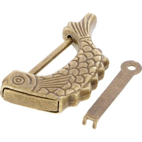 Vintage Chinese Antique Old Style Retro Padlock Jewelry Box Fish Pattern Lock&Key for Home Decor Ornaments
