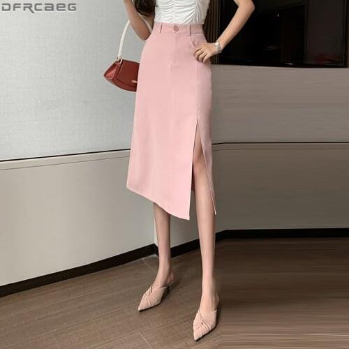 New Fashion Korean Style Long Skirts For Women Elegant OL Black Beige Pink Skirt Sexy Side Slit Split High Waist Mujer Faldas