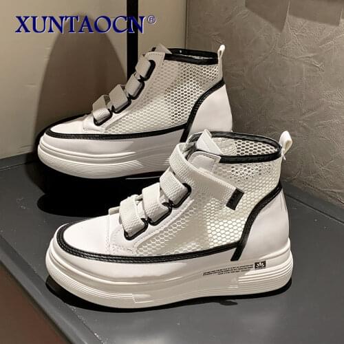 High-Top White Shoes Female Summer 2021 New Ins Wild Hollow Breathable Mesh Shoes Thick-Soled Thin Casual Sports Shoes