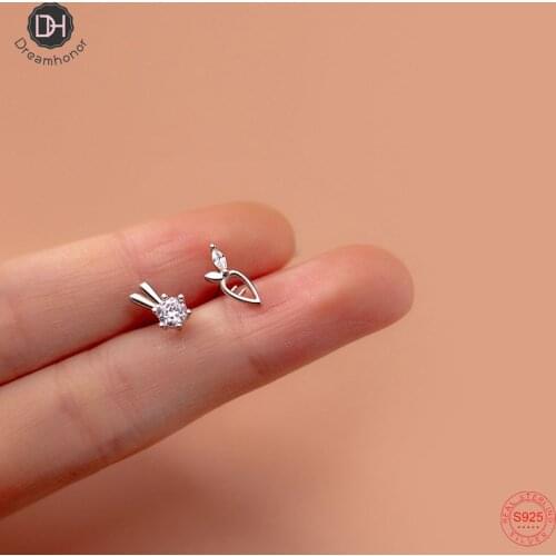 Dreamhonor Solid Sterling Silver 925 Asymmetrical Bunny Carrot Stud Earrings Women Zircon Earrings Jewelry