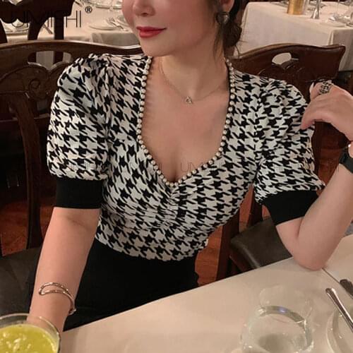 Pearl Beading V-neck Vintage Houndstooth Knit Short Sleeve Womens Crop Top Summer Pullover Sweater Fashion Elegant Sexy Clothes