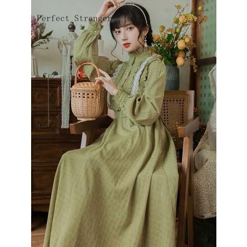 2021 Autumn Winter New Arrival High Quality Retro Stand Collar Ruffles Long Sleeve Hot Sale Women Long Cotton Dress