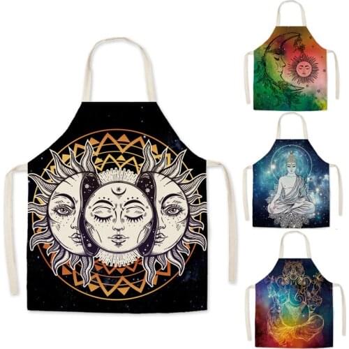 1 Pcs Mandala Printed Kitchen Apron for Woman Home Cooking Baking Coffee Shop Elephant Buddhism Cotton Linen Bibs