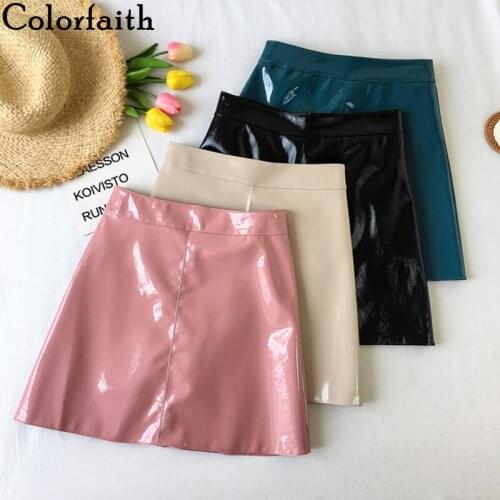 Colorfaith New 2019 Women PU Leather Skirt Autumn Winter Sweet Ladies Fashion A-Line Package Hip Solid Pink Mini Skirt SK9802
