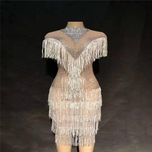 D35 Singer ballroom dance costumes bar women tassel Fringes Mesh dress Sparkly Rhinestones skirt See Through outfit clothe club