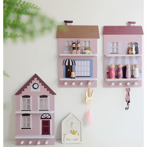 Wooden House-shaped Room Decor Storage Hooks Wall Hanger Bags Keys Coats Storage Holders Hangers Decor Shelves Key Holder Wall