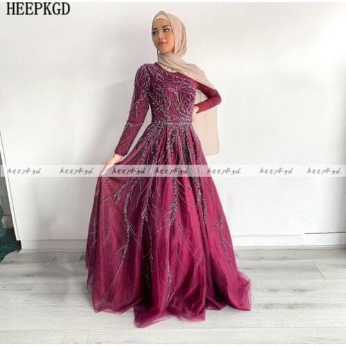 Dubai Burgundy Crystal Muslim Evening Dress Long Sleeve One Shoulder Customize Special Occasion Dresses Women Prom Party Gowns