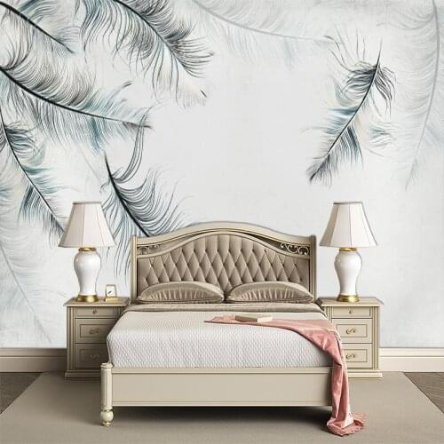 Custom Mural Wallpaper Hand Painted Gray Blue Feathers Background Wall Painting