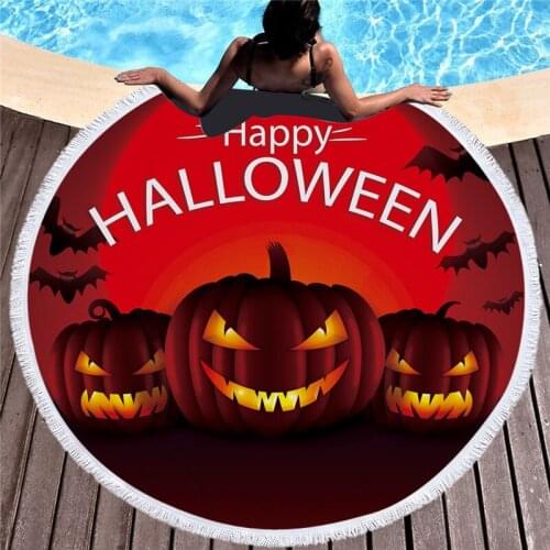 Casegrace Happy Halloween Round Bath Towel Evil Pumpkin Beach Towels Cartoon Mummy Yoga Mat Soft Picnic Blanket Bedspread