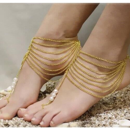 Fashion Wild Pearl Anklet Woman Beach Barefoot Sandals Leg Chain Multilayer Gold Silver color Chain Toe Anklet Jewelry Accessory