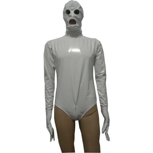 Mens wetlook Shiny PVC Faux Leather half bodysuit Leotard Costumes Fancy Party Dress removable gloves hood