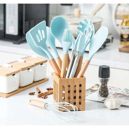 12PCS Silicone Cooking Utensils Set Non-stick Spatula Shovel Wooden Handle Cooking Tools Set With Storage Box Kitchen Tools Set