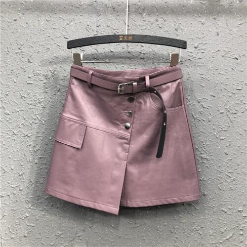 2020 new irregular fashion short skirt shows thin high waist A-line skirt leather skirt Hong Kong style womens fashion (belt)