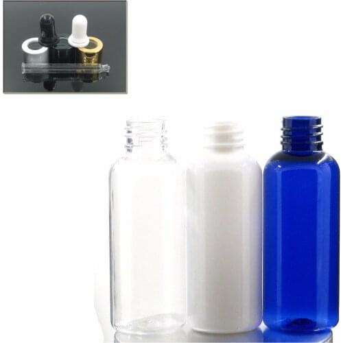 50ml empty white/transparent/blue pet bottle with gold/silver/black aluminum dropper cap, dropper bottle
