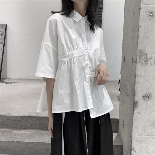 HOUZHOU White Black Vintage Shirts Short Half Sleeve Oversize Button Up Chemises Summer Chic Woman Blouse Patchwork Fashion