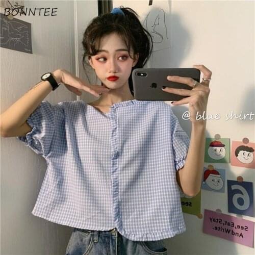 Shirts Women Straight Plaid Crop Top Summer Covered-Button Fashion Streetwear Ulzzang BF Vintage Harajuku All-match Korean Style