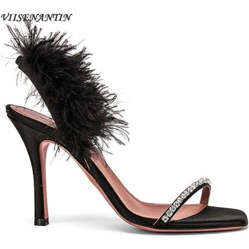 Square Toe Stiletto Black High Heels Designer Summer New Style Silk Feather Rhinestone Temperament Goddess Fan Sandals