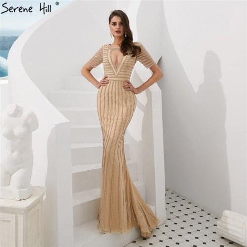 Sexy Sheer Gold Mermaid Evening Dresses 2020 Short Sleeve Crystal Formal Dress Party Gown Robe De Soiree BLA6692