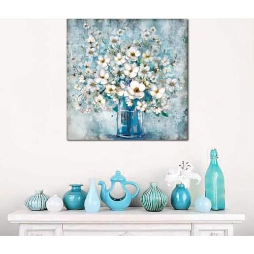 Modern Gallery Wall Decor Print Canvas Art White Flower in Blue Bottle Theme Picture Artwork for Walls Ready to Hang Size