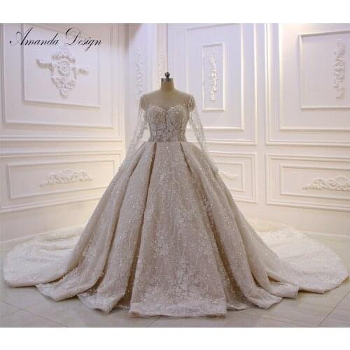 Amanda Design 2019 New Collection Long Sleeve Lace Applique Rhinestone Crystal Flowers Wedding Dress Luxury