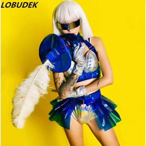 Women Jazz Dance Uniform Silver Blue Laser Bikini Skirt Feather Cap Set Bar Nightclub Dance Team Outfit Sexy DJ Singer Costume