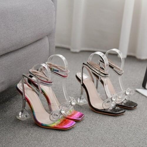 2021 Sequin Bling Sandals Women 10.5cm High Heels Summer Shoes Female Square Toe Roman Sandals Girls Bowknot Party Heels Shoes