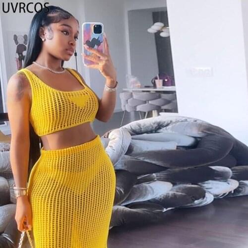 UVRCOS Outwear Skirt And Top Set Summer Shorts Sets Solid Hole Hollow Out See Through Midnight Club 2 Piece Sets Womens Outfits
