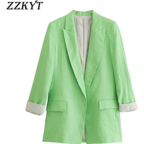 ZZKYT 2021 Women Autumn Vintage Green Pocket Blazers Coat Fashion Lapel Collar Printed Cuffs Office Lady Female Blazer Coat