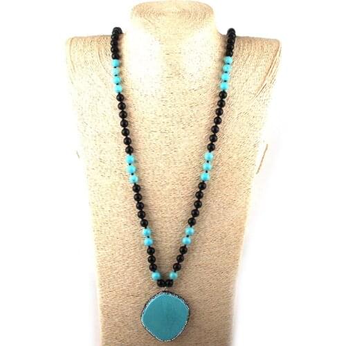 Fashion Bohemian Jewelry 108 Beads Multi Stone Knotted Handmake Paved Blue Stone Pendant Necklace For Women Ethnic Necklace